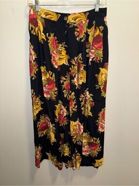 Hi Black Midi Skirt with Red Floral and Yellow Scroll Print